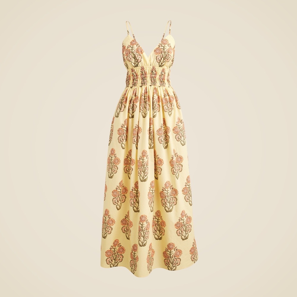 JCrew Smocked-waist V-neck dress in block print
